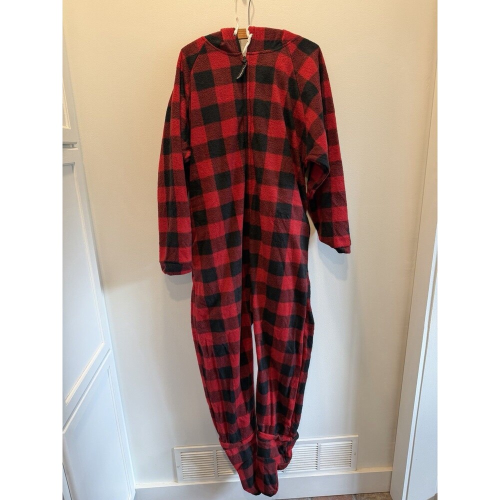 Forever Lazy RED BLACK Buffalo CHECKED One Piece PAJAMA With hood And TRAP DOOR